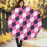 Pink Blue And White Argyle Pattern Print Foldable Umbrella