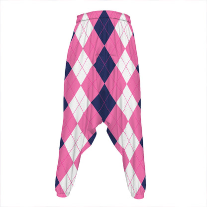 Pink Blue And White Argyle Pattern Print Hammer Pants