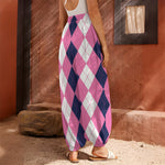 Pink Blue And White Argyle Pattern Print Harem Pants