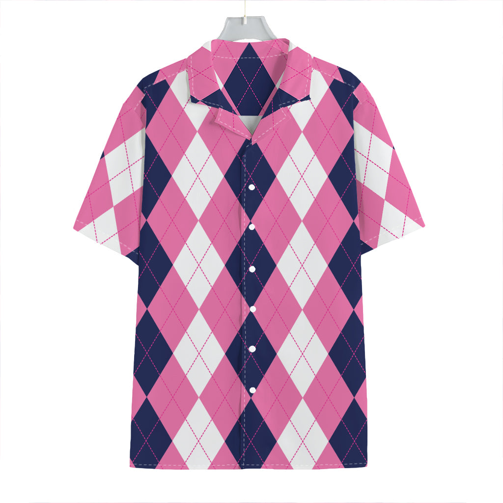 Pink Blue And White Argyle Pattern Print Hawaiian Shirt