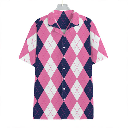 Pink Blue And White Argyle Pattern Print Hawaiian Shirt