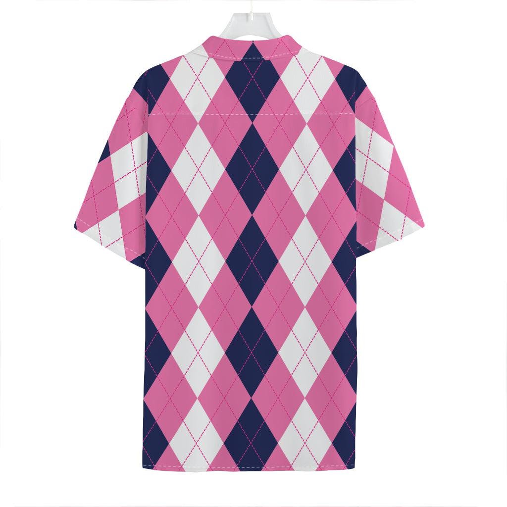 Pink Blue And White Argyle Pattern Print Hawaiian Shirt