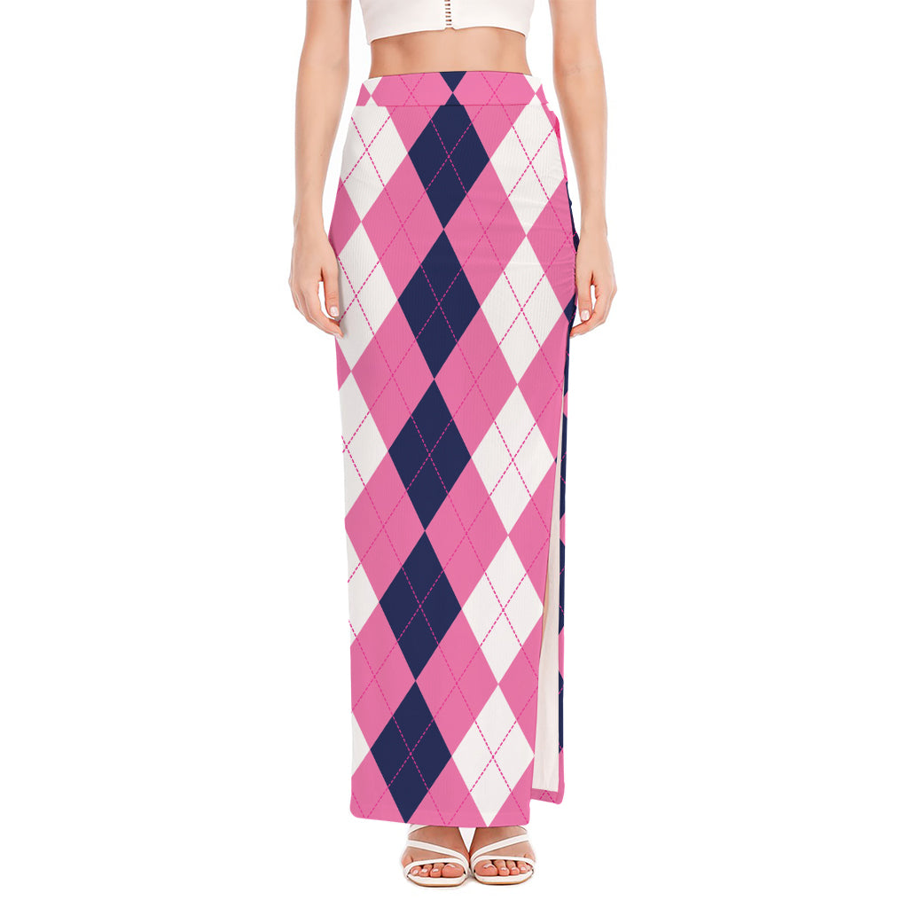 Pink Blue And White Argyle Pattern Print High Slit Maxi Skirt