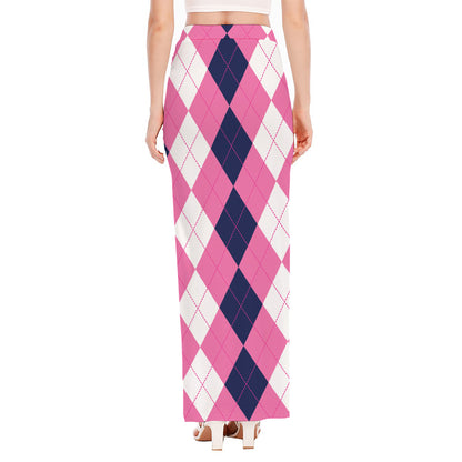 Pink Blue And White Argyle Pattern Print High Slit Maxi Skirt