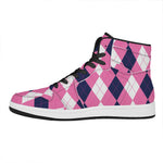 Pink Blue And White Argyle Pattern Print High Top Leather Sneakers