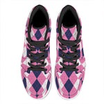 Pink Blue And White Argyle Pattern Print High Top Leather Sneakers
