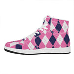 Pink Blue And White Argyle Pattern Print High Top Leather Sneakers