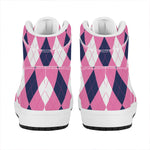 Pink Blue And White Argyle Pattern Print High Top Leather Sneakers