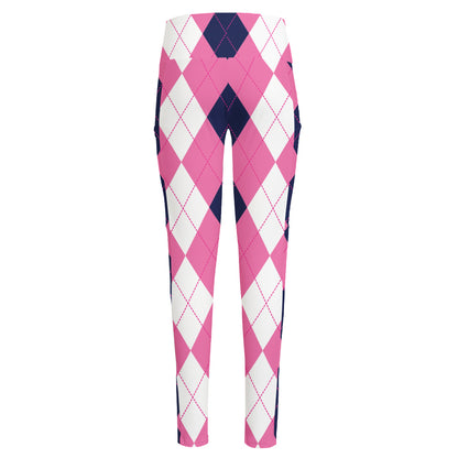 Pink Blue And White Argyle Pattern Print High-Waisted Pocket Leggings