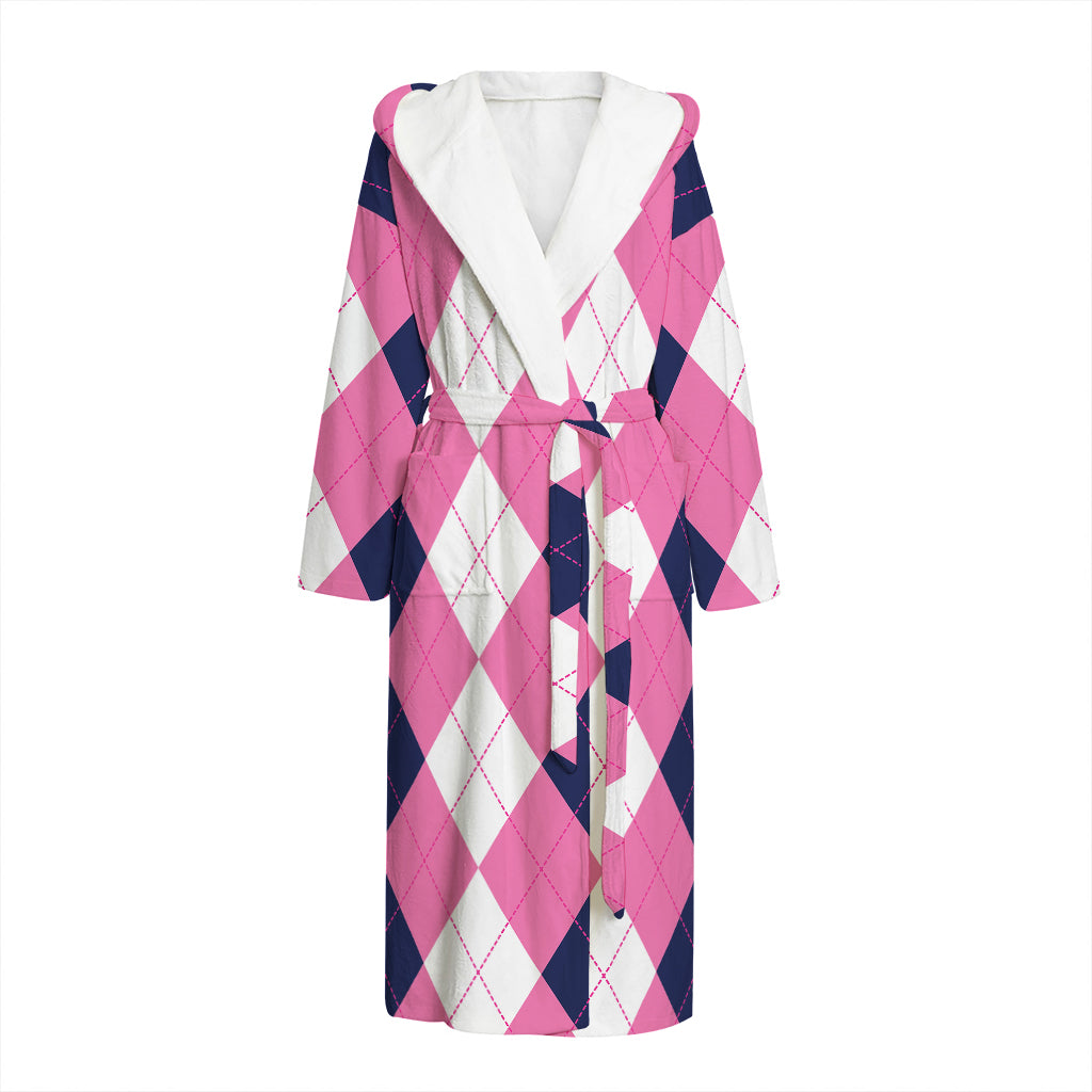 Pink Blue And White Argyle Pattern Print Hooded Bathrobe