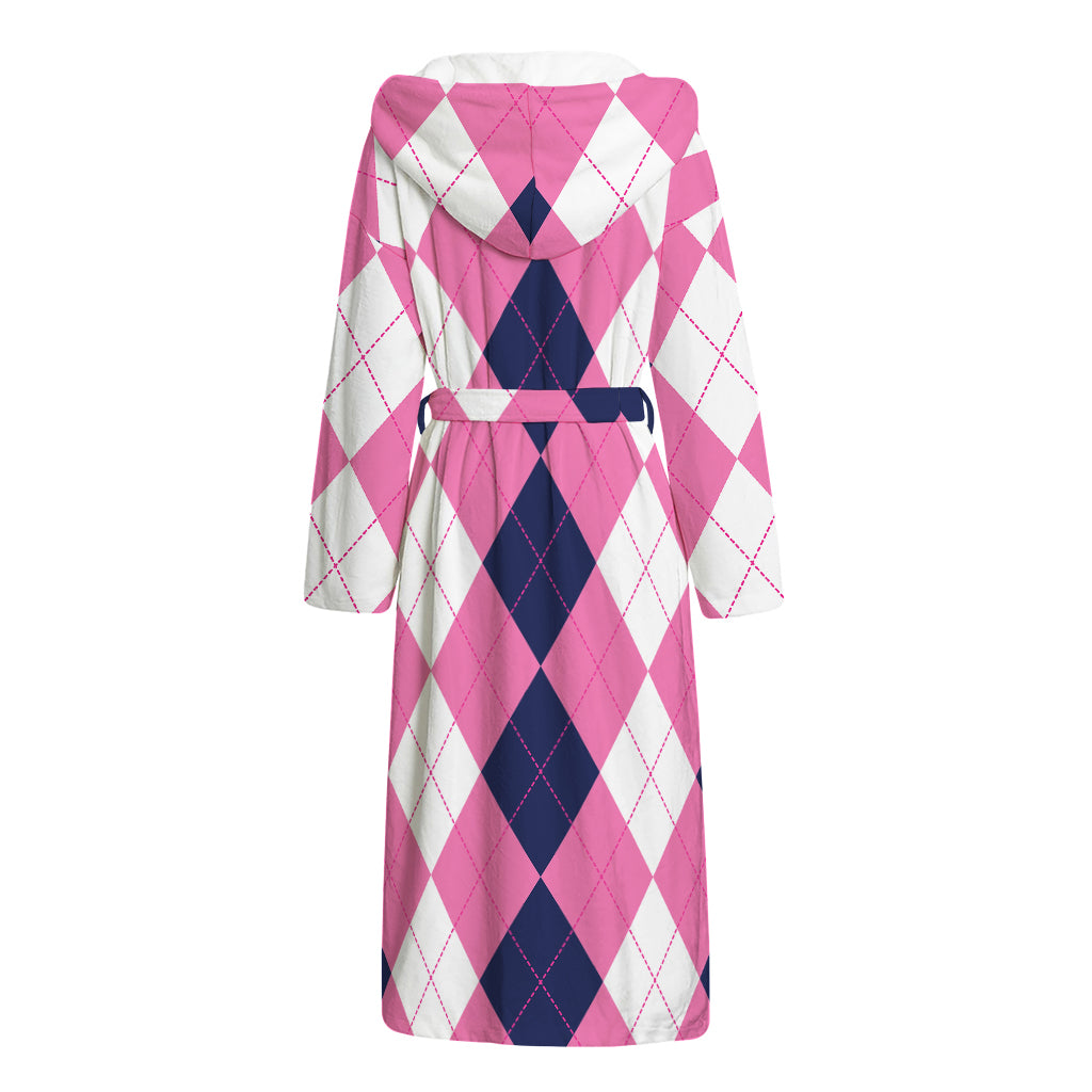 Pink Blue And White Argyle Pattern Print Hooded Bathrobe