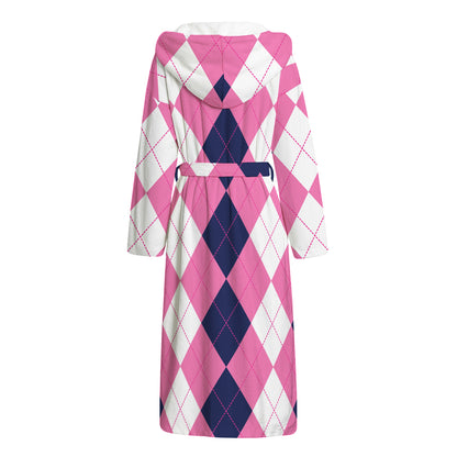 Pink Blue And White Argyle Pattern Print Hooded Bathrobe