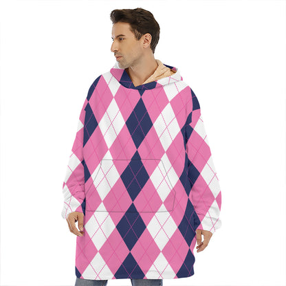 Pink Blue And White Argyle Pattern Print Hoodie Blanket