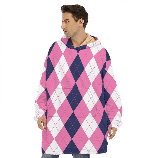 Pink Blue And White Argyle Pattern Print Hoodie Blanket