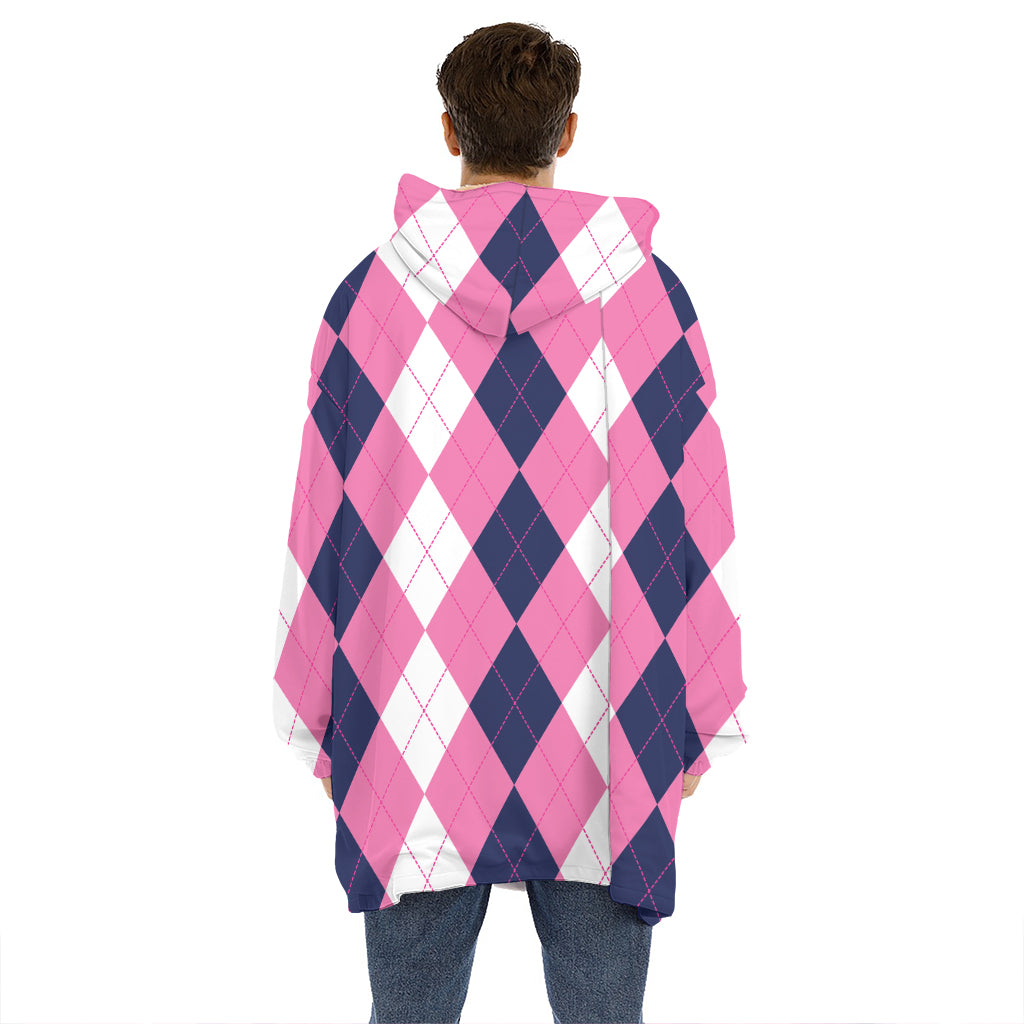 Pink Blue And White Argyle Pattern Print Hoodie Blanket