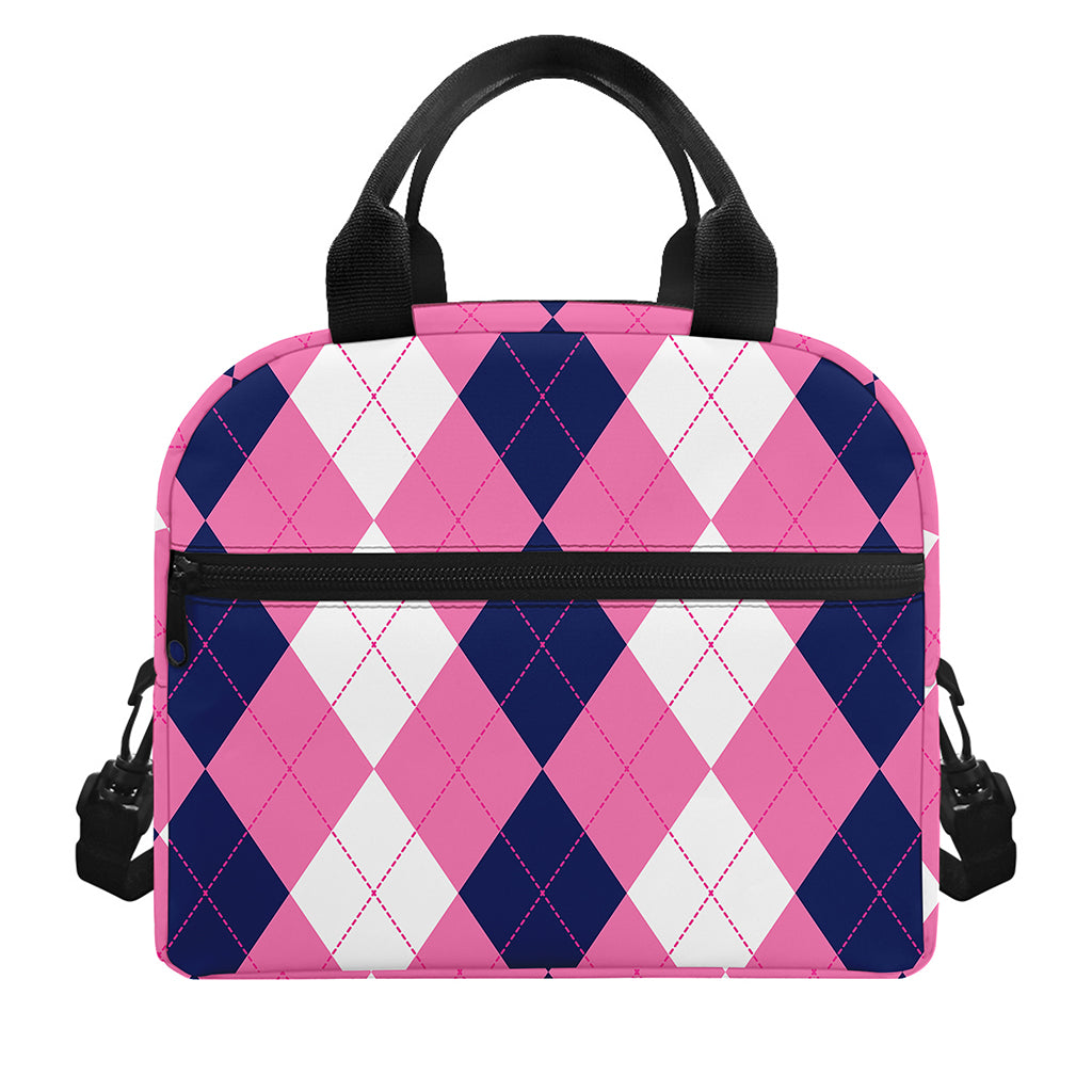 Pink Blue And White Argyle Pattern Print Insulated Lunch Bag