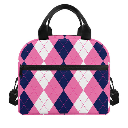 Pink Blue And White Argyle Pattern Print Insulated Lunch Bag
