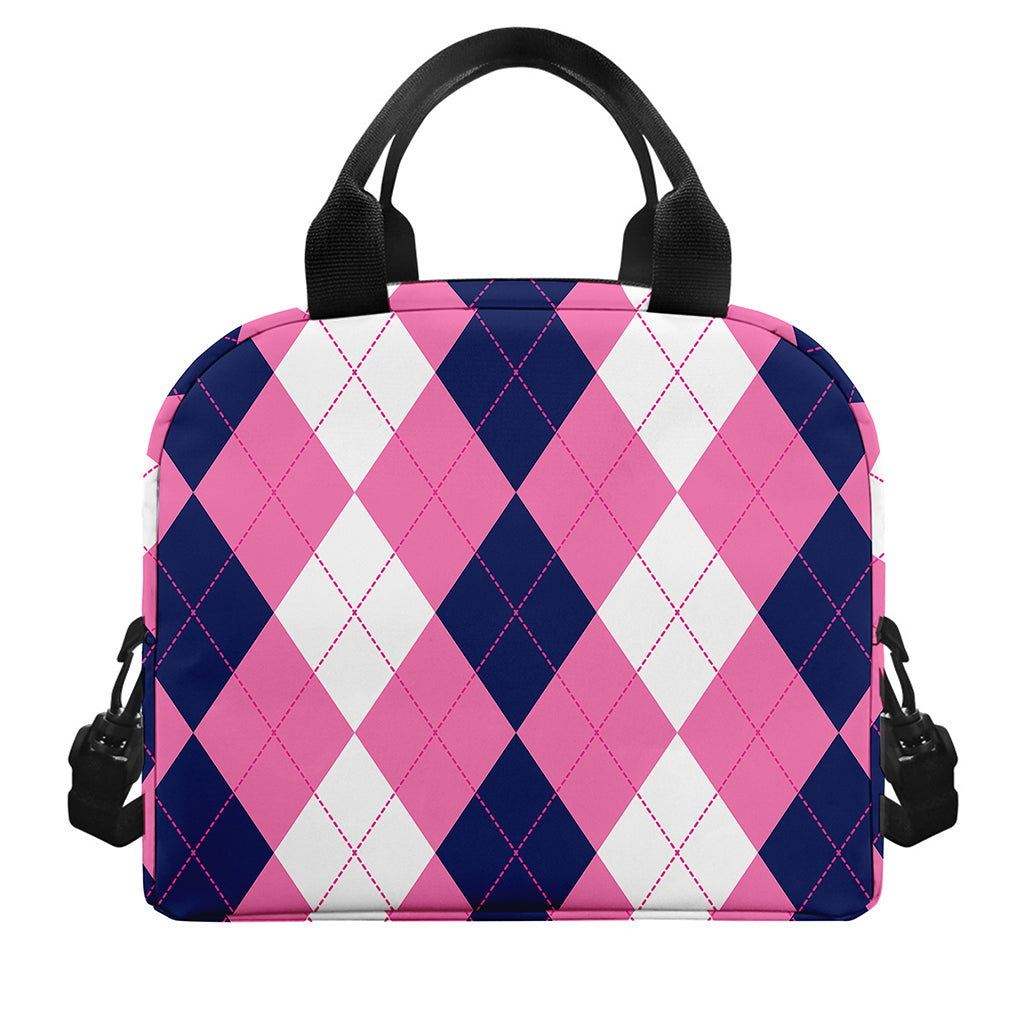 Pink Blue And White Argyle Pattern Print Insulated Lunch Bag