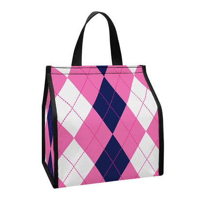 Pink Blue And White Argyle Pattern Print Insulated Lunch Tote