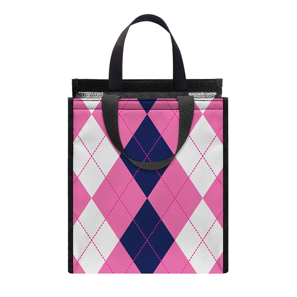Pink Blue And White Argyle Pattern Print Insulated Lunch Tote