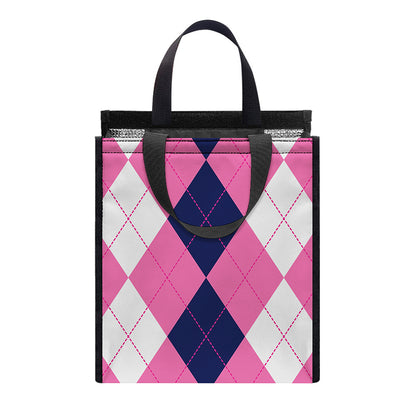 Pink Blue And White Argyle Pattern Print Insulated Lunch Tote