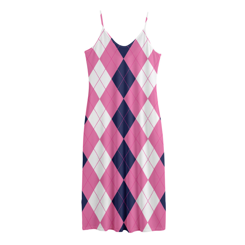 Pink Blue And White Argyle Pattern Print Jersey Midi Cami Dress