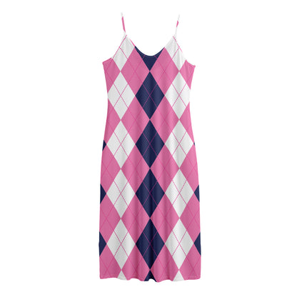 Pink Blue And White Argyle Pattern Print Jersey Midi Cami Dress
