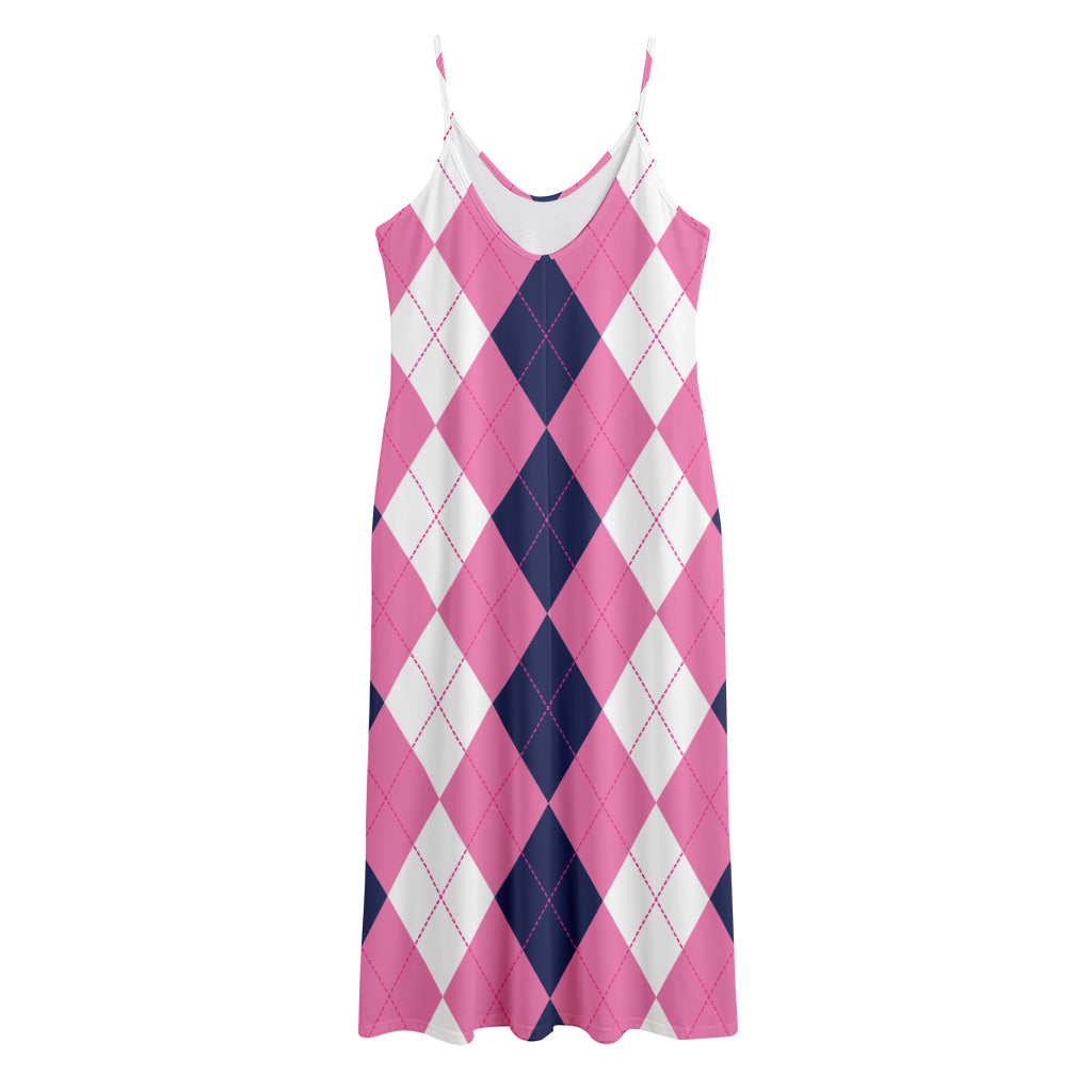 Pink Blue And White Argyle Pattern Print Jersey Midi Cami Dress