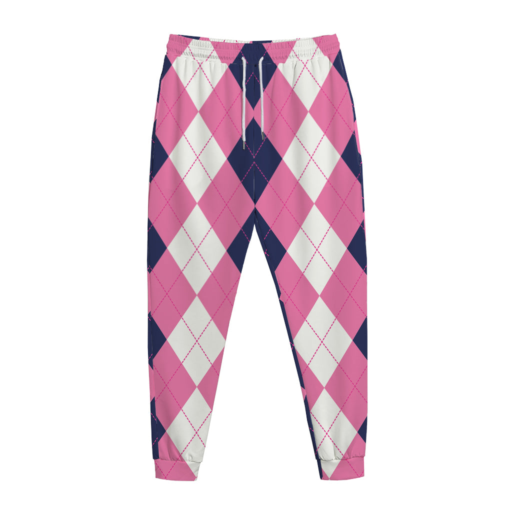 Pink Blue And White Argyle Pattern Print Jogger Pants