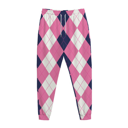 Pink Blue And White Argyle Pattern Print Jogger Pants