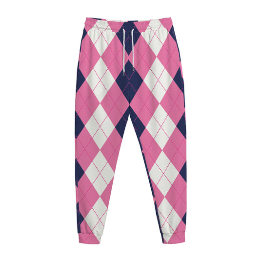 Pink Blue And White Argyle Pattern Print Jogger Pants