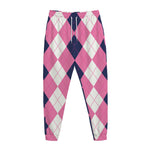 Pink Blue And White Argyle Pattern Print Jogger Pants