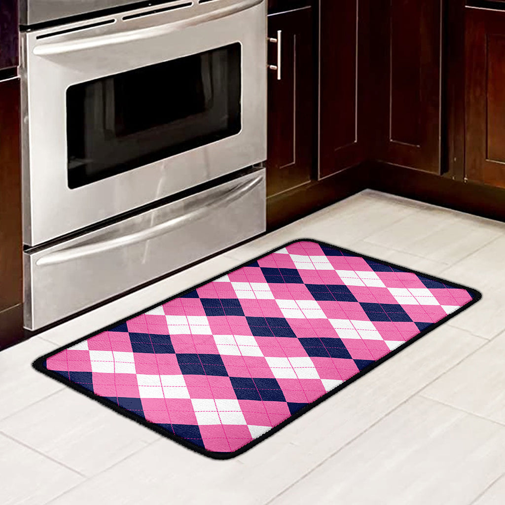 Pink Blue And White Argyle Pattern Print Kitchen Mat