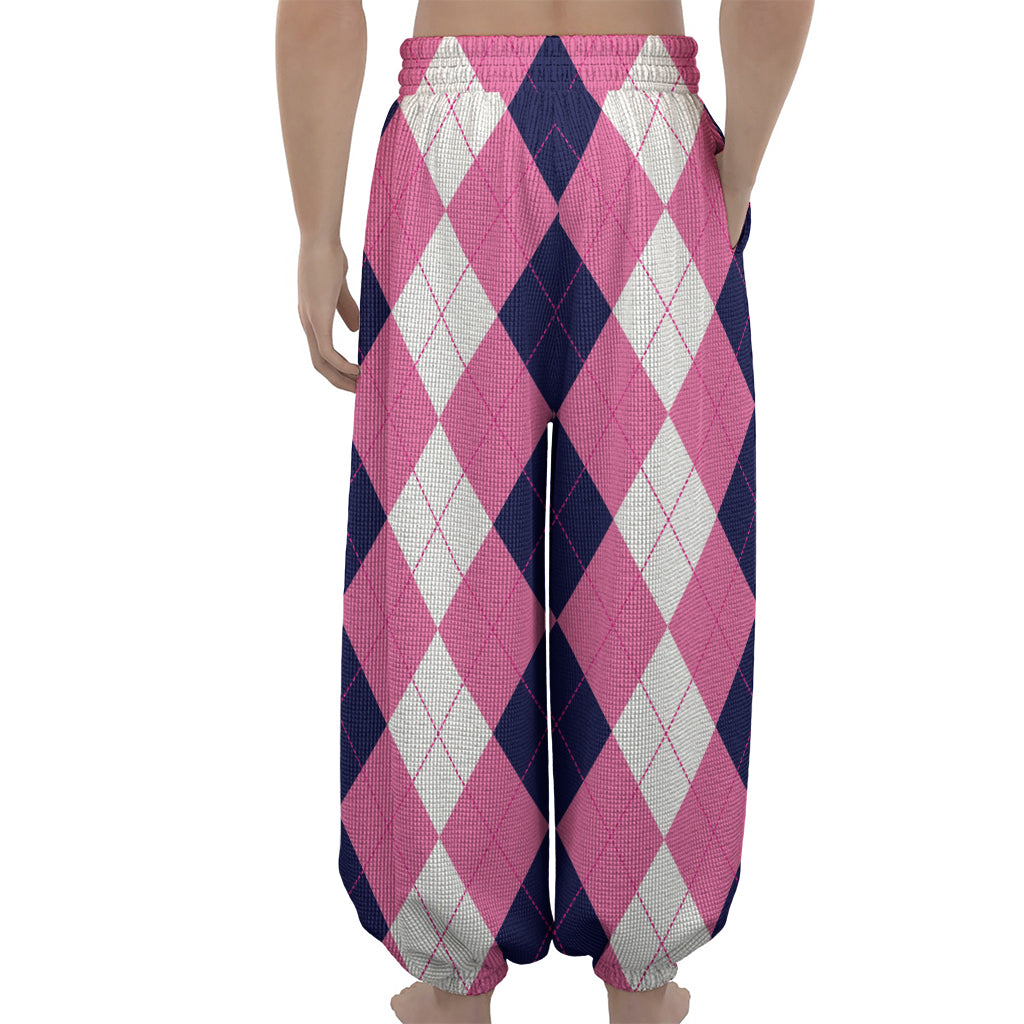Pink Blue And White Argyle Pattern Print Lantern Pants