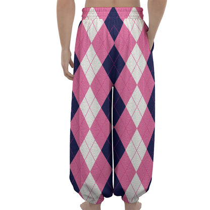 Pink Blue And White Argyle Pattern Print Lantern Pants