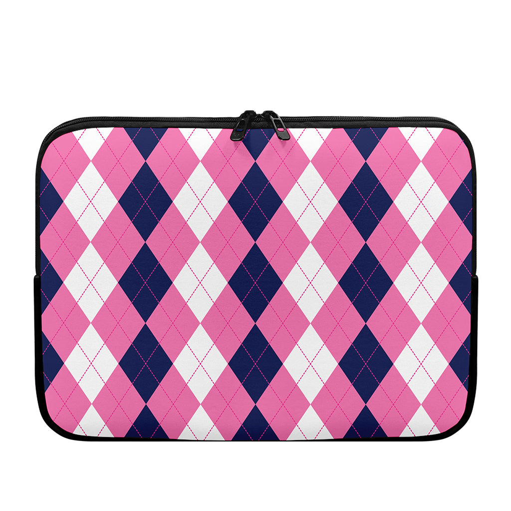 Pink Blue And White Argyle Pattern Print Laptop Sleeve