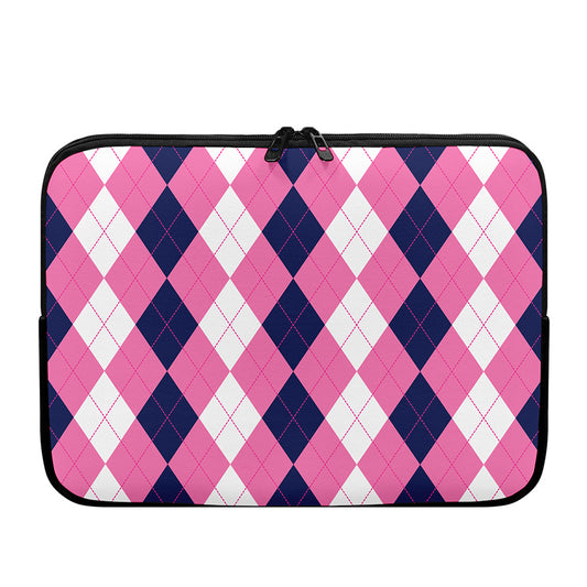 Pink Blue And White Argyle Pattern Print Laptop Sleeve