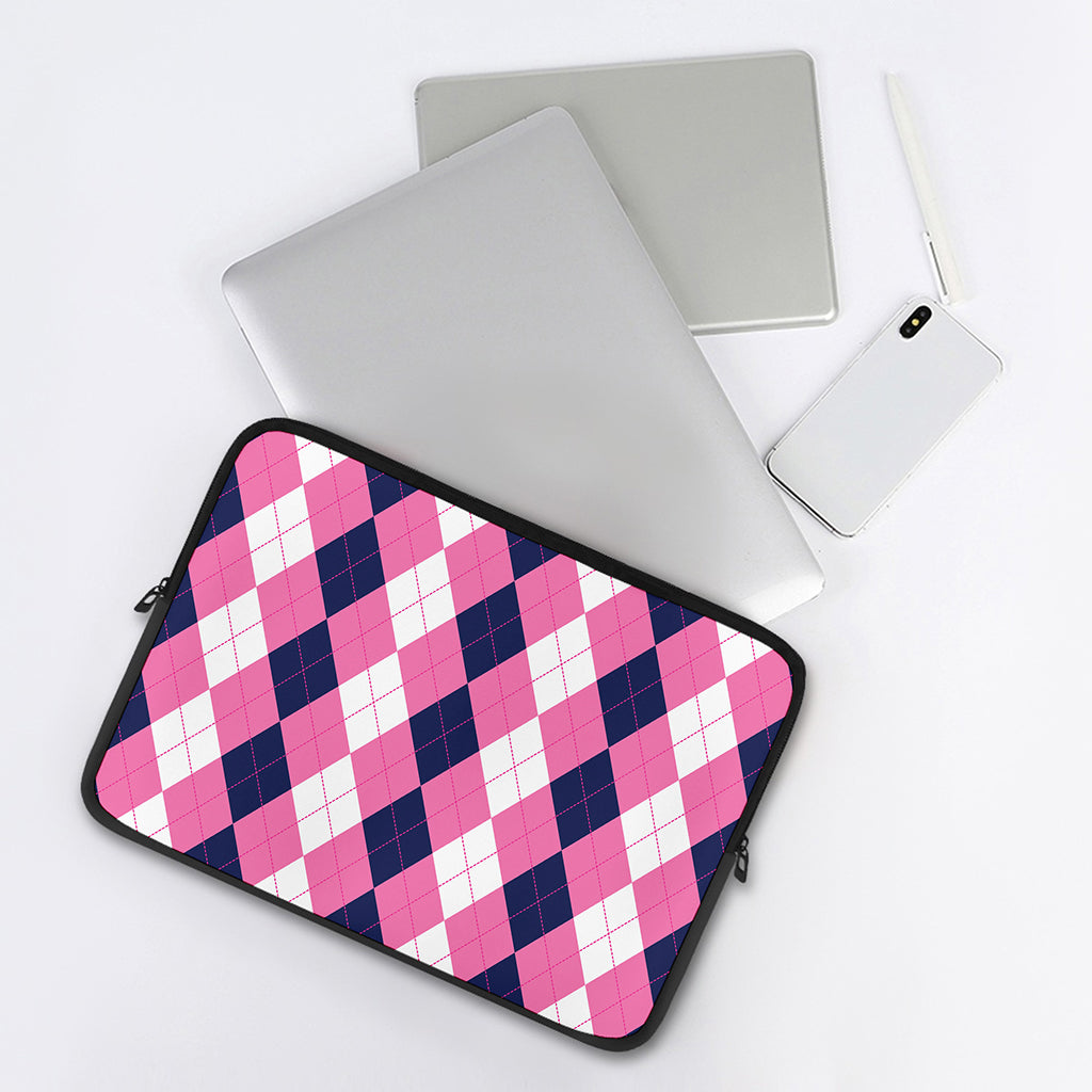 Pink Blue And White Argyle Pattern Print Laptop Sleeve