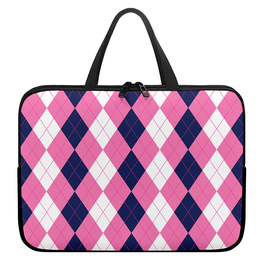 Pink Blue And White Argyle Pattern Print Laptop Sleeve With Handle