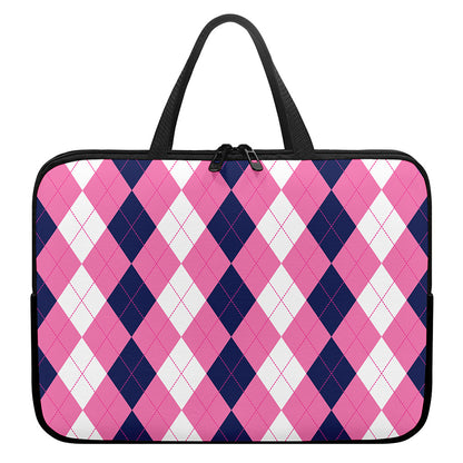Pink Blue And White Argyle Pattern Print Laptop Sleeve With Handle