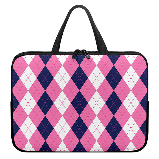 Pink Blue And White Argyle Pattern Print Laptop Sleeve With Handle
