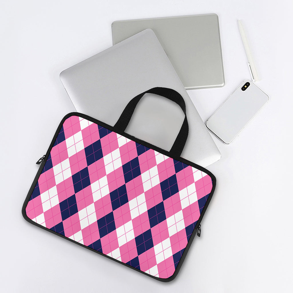 Pink Blue And White Argyle Pattern Print Laptop Sleeve With Handle