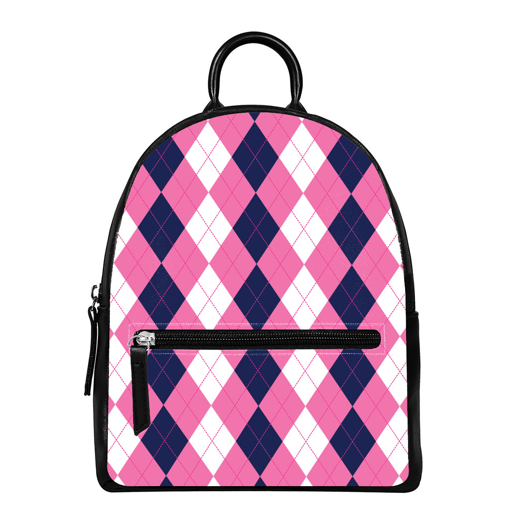 Pink Blue And White Argyle Pattern Print Leather Backpack