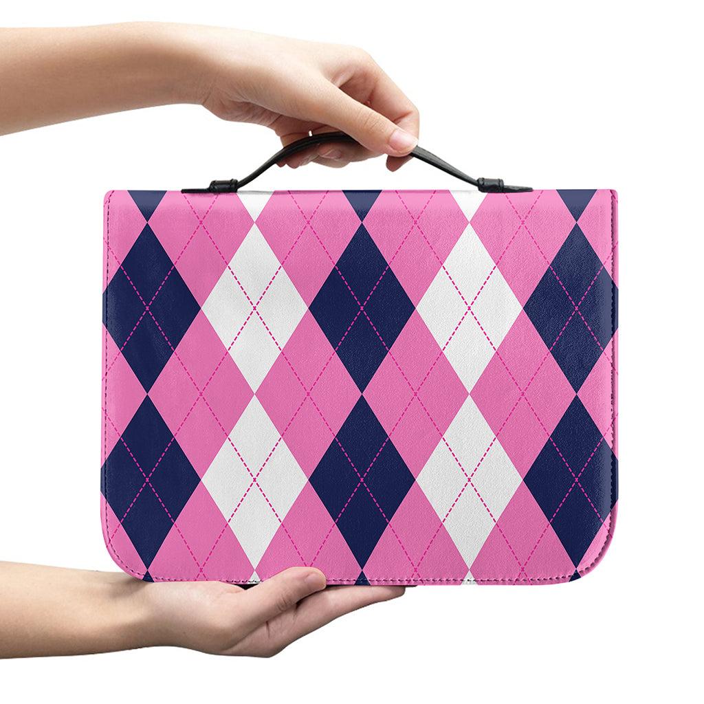 Pink Blue And White Argyle Pattern Print Leather Bible Cover