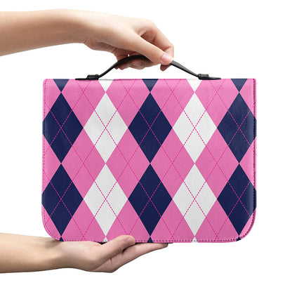 Pink Blue And White Argyle Pattern Print Leather Bible Cover