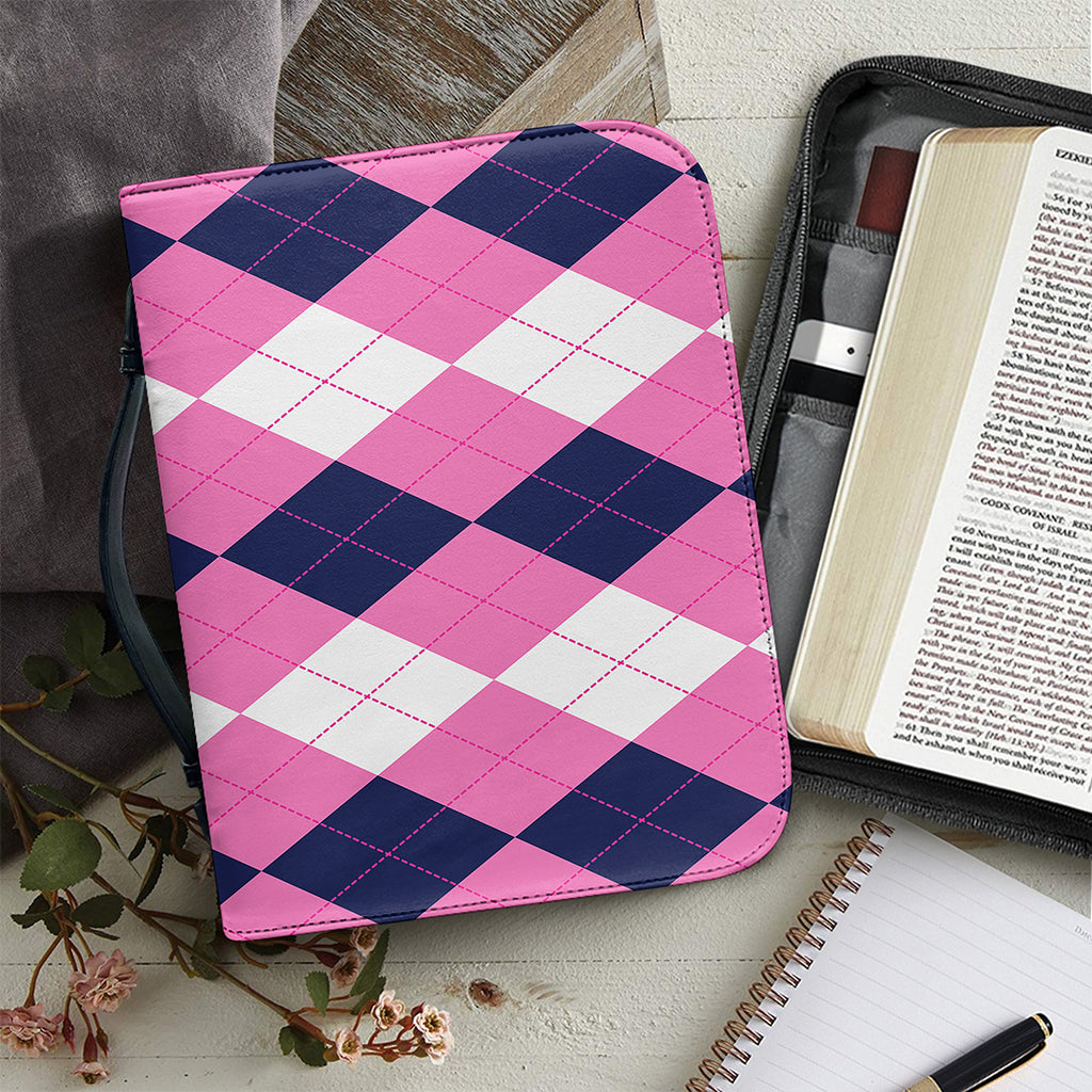 Pink Blue And White Argyle Pattern Print Leather Bible Cover
