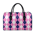Pink Blue And White Argyle Pattern Print Leather Duffel Bag