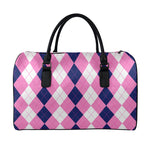 Pink Blue And White Argyle Pattern Print Leather Duffle Bag