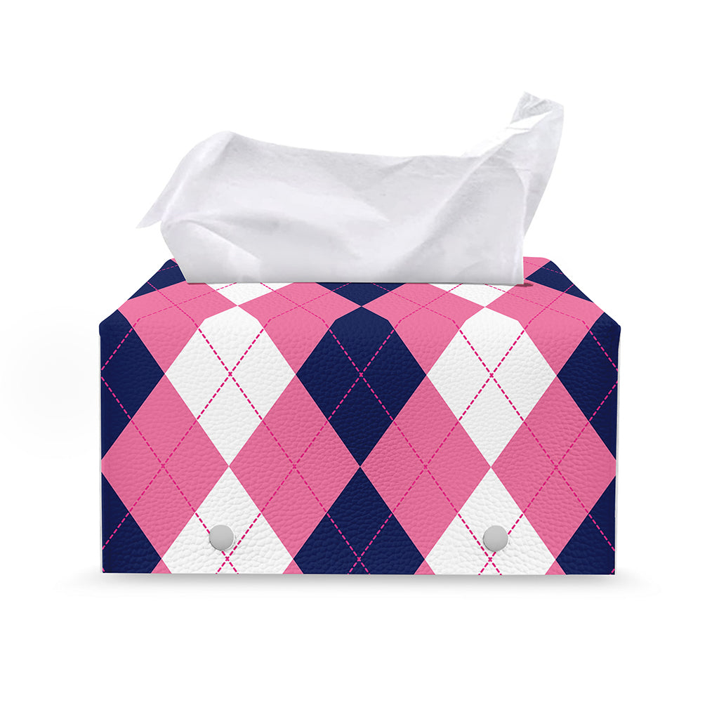 Pink Blue And White Argyle Pattern Print Leather Tissue Box Cover