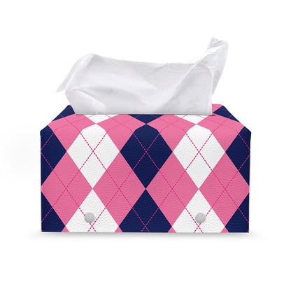Pink Blue And White Argyle Pattern Print Leather Tissue Box Cover